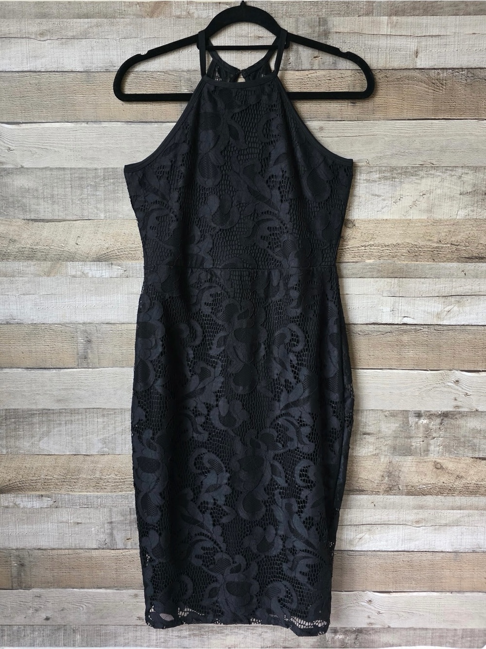 Black Lace Halter Neck Cocktail Dress Women Size M Fitted Sheath Formal Evening
